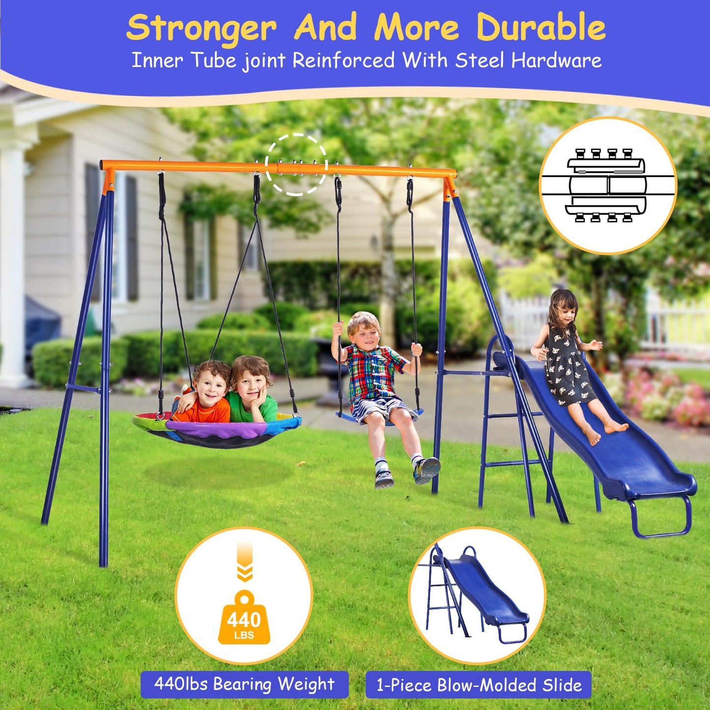 Lunafun Swing Set for Backyard with Kids Slide 440lbs Heavy-Duty Metal A-Frame 1 Saucer Swing Seat 1 Swings Seat & 1 Slide