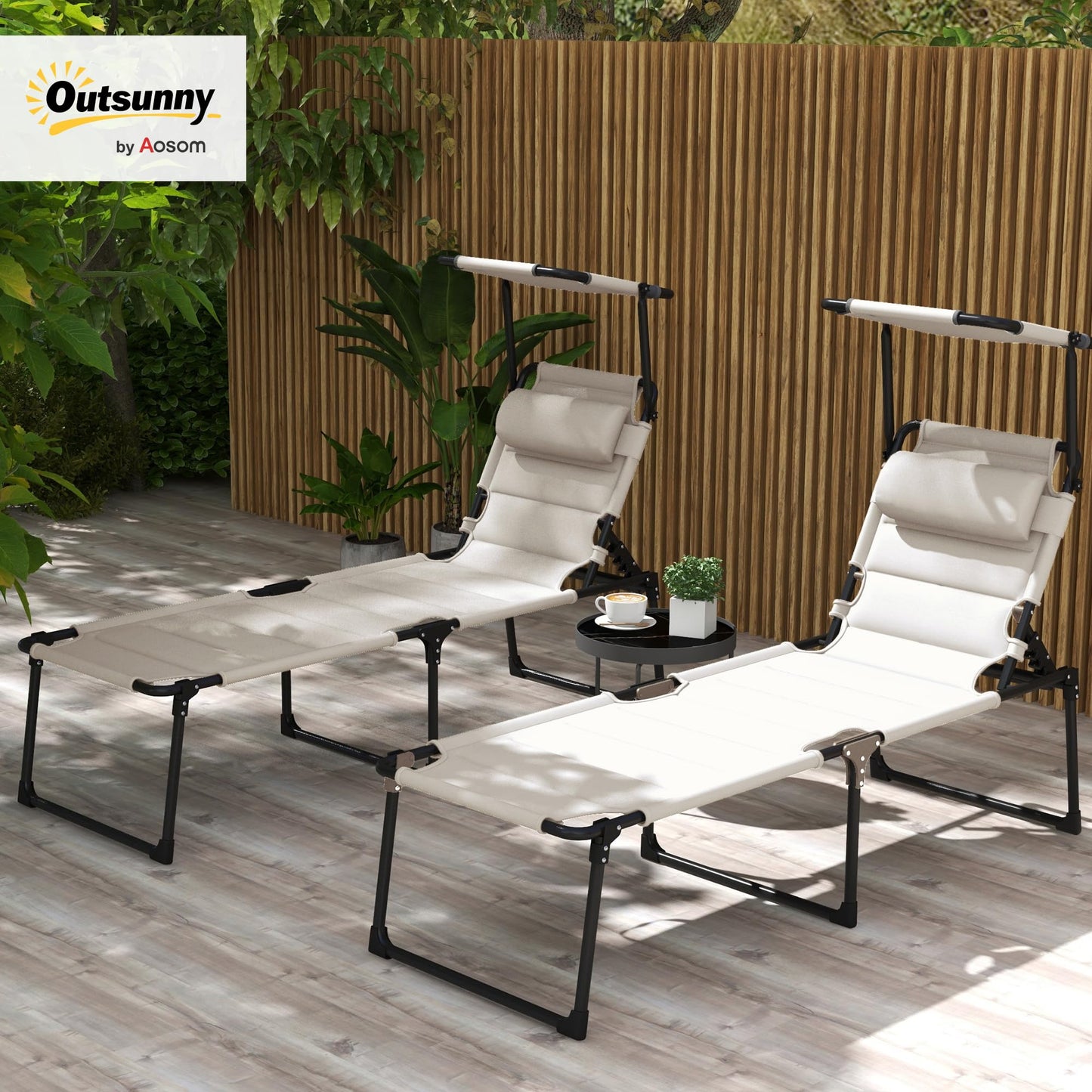 Outsunny 2 Pieces Outdoor Lounge Chair, Adjustable Backrest Folding Chaise Lounge, Cushioned Tanning Chair with Sunshade Roof & Pillow Headrest for Beach, Camping, Hiking, Cream White