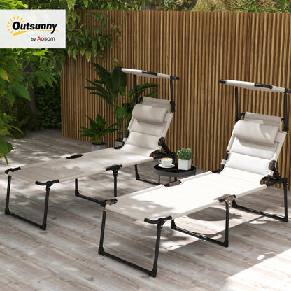 Outsunny 2 Pieces Outdoor Lounge Chair, Adjustable Backrest Folding Chaise Lounge, Cushioned Tanning Chair with Sunshade Roof & Pillow Headrest for Beach, Camping, Hiking, Cream White