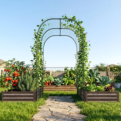 SUNYRISY Galvanized Raised Garden Bed with 87" H Arch Trellis for Climbing Plants Outdoor, Large Metal Planter Box with Netting for Gardening Flowers Vegetables Fruit, Wood Grain