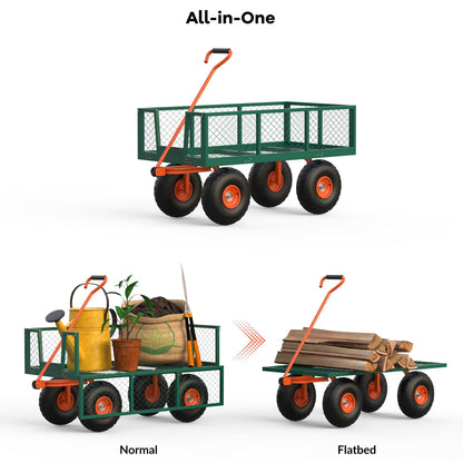500 LBS Heavy Duty Steel Garden Cart, Metal Utility Yard Wagon with 10" Wheels, 180° Rotating Handle & Removable Mesh Sides for Landscaping, Lawn, Farm, Outdoor Use