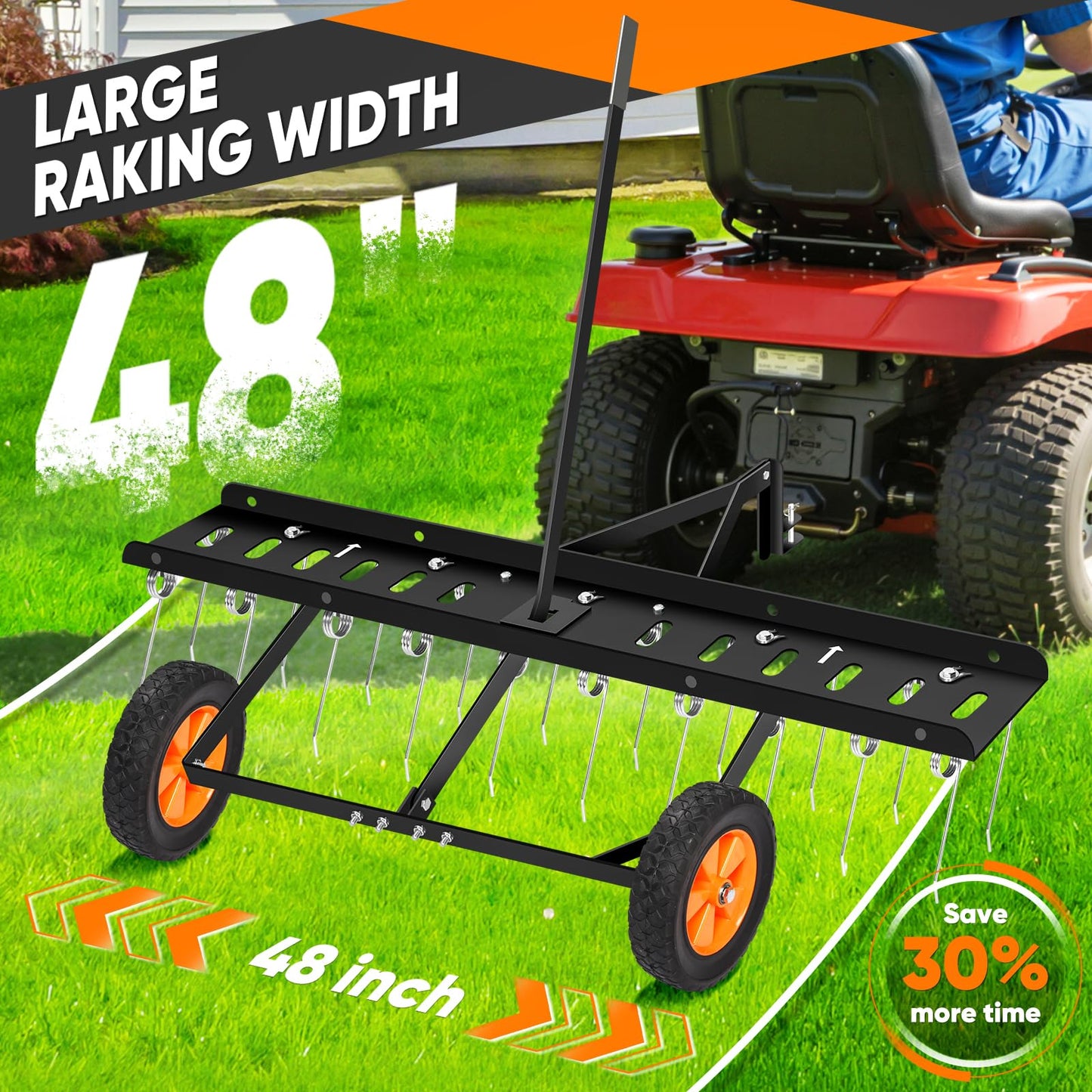 AugFir 48-Inch Tow Behind Dethatcher, Pull Behind Lawn Dethatcher with 20 Spring Steel Tines, Lawn Sweeper Garden Aerator Grass Tractor Rake, Adjustable Hitch Riding Lawn Mower Tractor Attachment