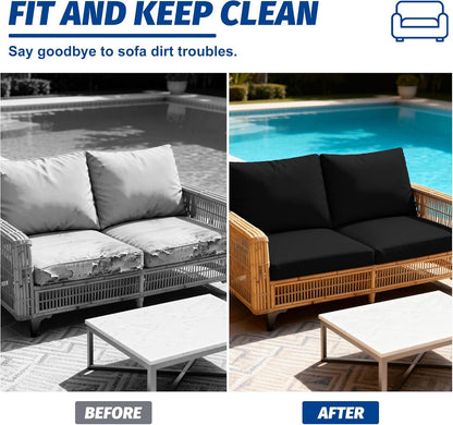 Skiennix Patio Stretch Cushion Covers - Washable Outdoor Sofa Slipcovers for Furniture (4 Pack, Black)