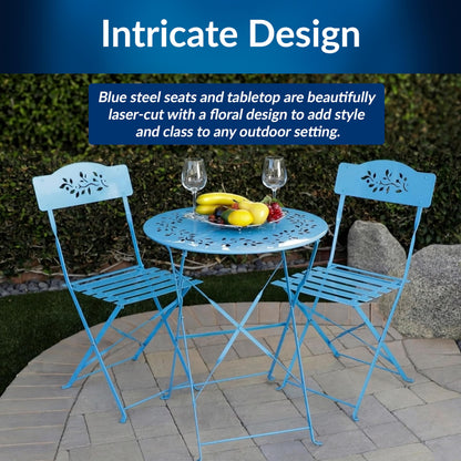 Alpine Corporation 3-Piece Bistro Set with Folding Table and 2 Chairs, Durable Steel Indoor/Outdoor Patio Furniture, Compact Seating, Blue