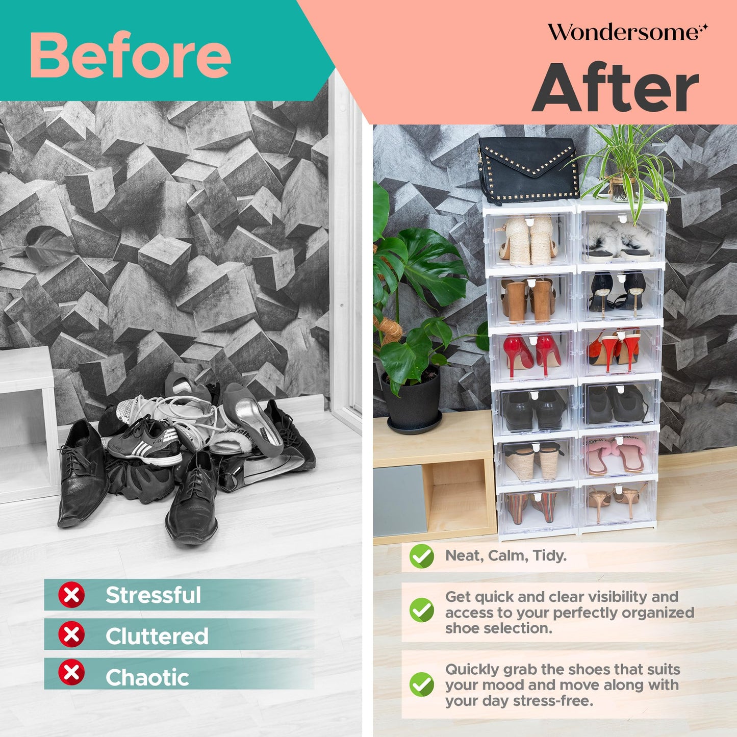 Wondersome Collapsible Shoe Rack Organizer - 24-Compartment Clear Door Storage Containers - Sturdy, Foldable Shoes, Boots, Sneaker Display Cabinet - Stackable Cube Shelf Organization - US-Based Brand