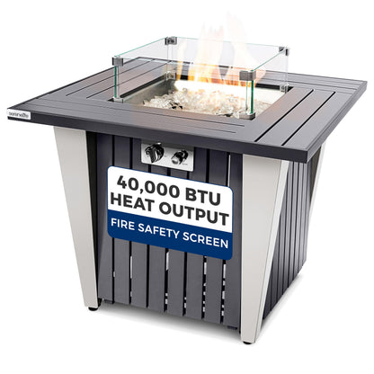 SereneLife Outdoor Propane Fire Pit Table, 50,000 BTU Square Fire Table with Stainless Steel Lid, Durable Legs, Adjustable Flame, Weather Cover, Perfect for Patio & Garden, 31.5” x 31.5” x 24.8”