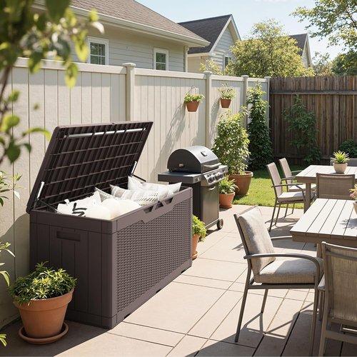 Greesum 100 Gallon Resin Deck Box - Large Outdoor Storage Solution for Garden Tools & Patio Cushions - Dark Brown