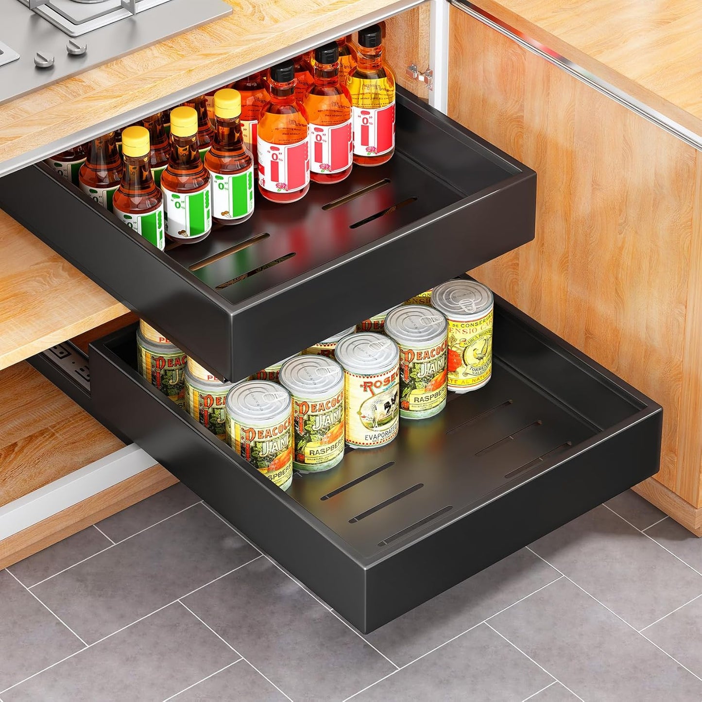 Pull Out Cabinet Organizer - Heavy Duty 21" Deep Full-Extension Drawers for Kitchen & Bathroom | Black