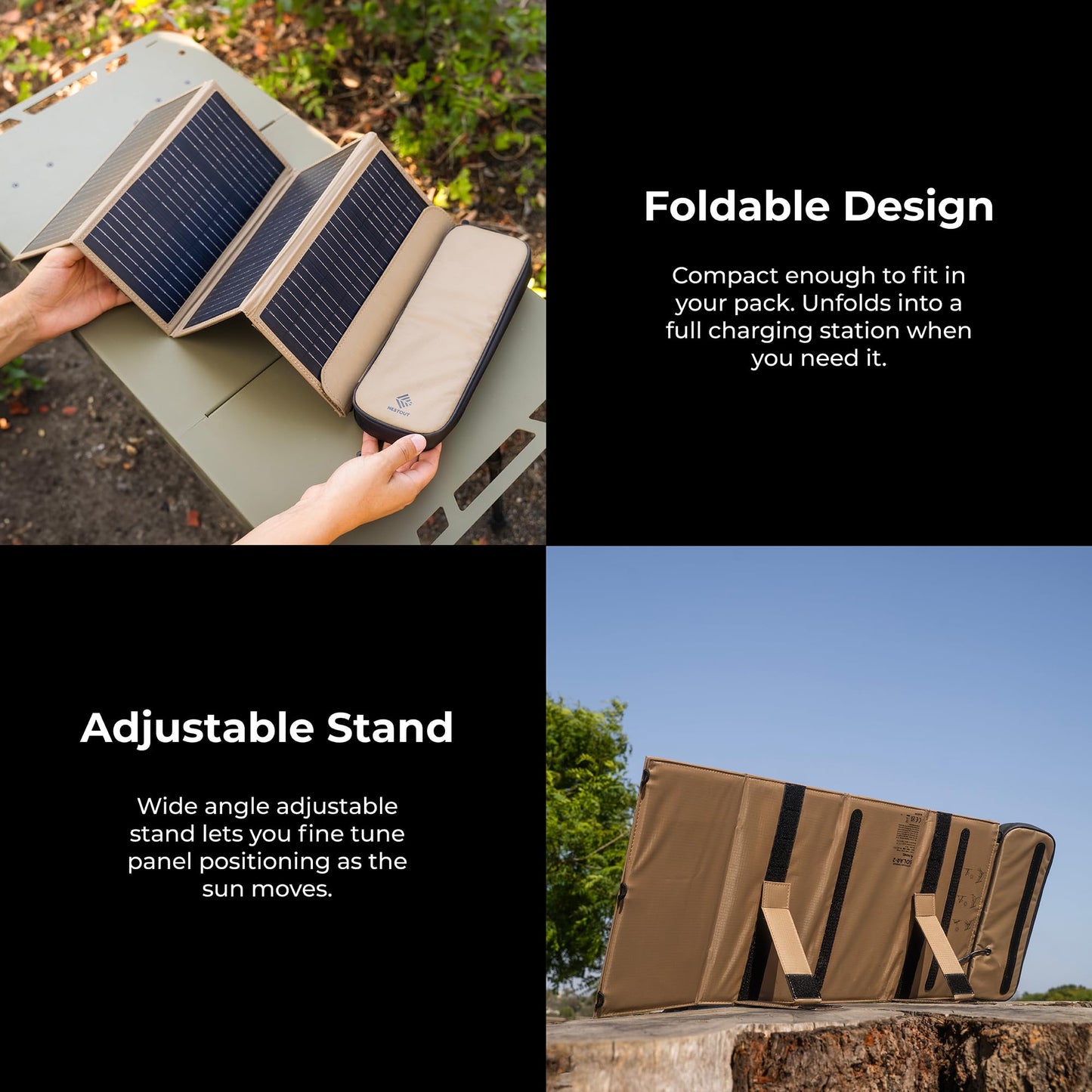 NESTOUT Portable Solar Panel, USB-C and USB-A Ports, 28W Solar Charger for Camping, Water Repellent Ripstop Nylon, Foldable Compact Design, Digital Ammeter, Adjustable Stand, Beige (4 Panel)