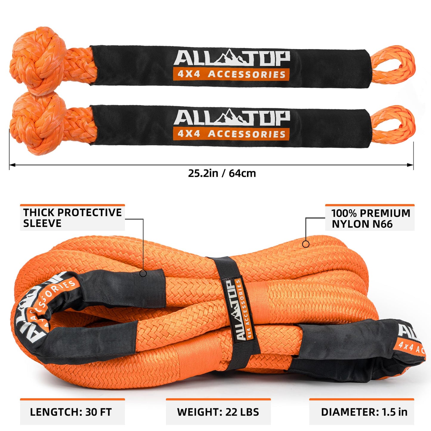 ALL-TOP Kinetic Recovery Rope Kit w/ 2 Soft Shackles, 83000Lbs, 1.5in x 30ft, Heavy Duty 30+% Elasticity, 27600Lbs Work Load Limit for 4x4 Offroad Vehicle