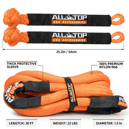ALL-TOP Kinetic Recovery Rope Kit w/ 2 Soft Shackles, 83000Lbs, 1.5in x 30ft, Heavy Duty 30+% Elasticity, 27600Lbs Work Load Limit for 4x4 Offroad Vehicle