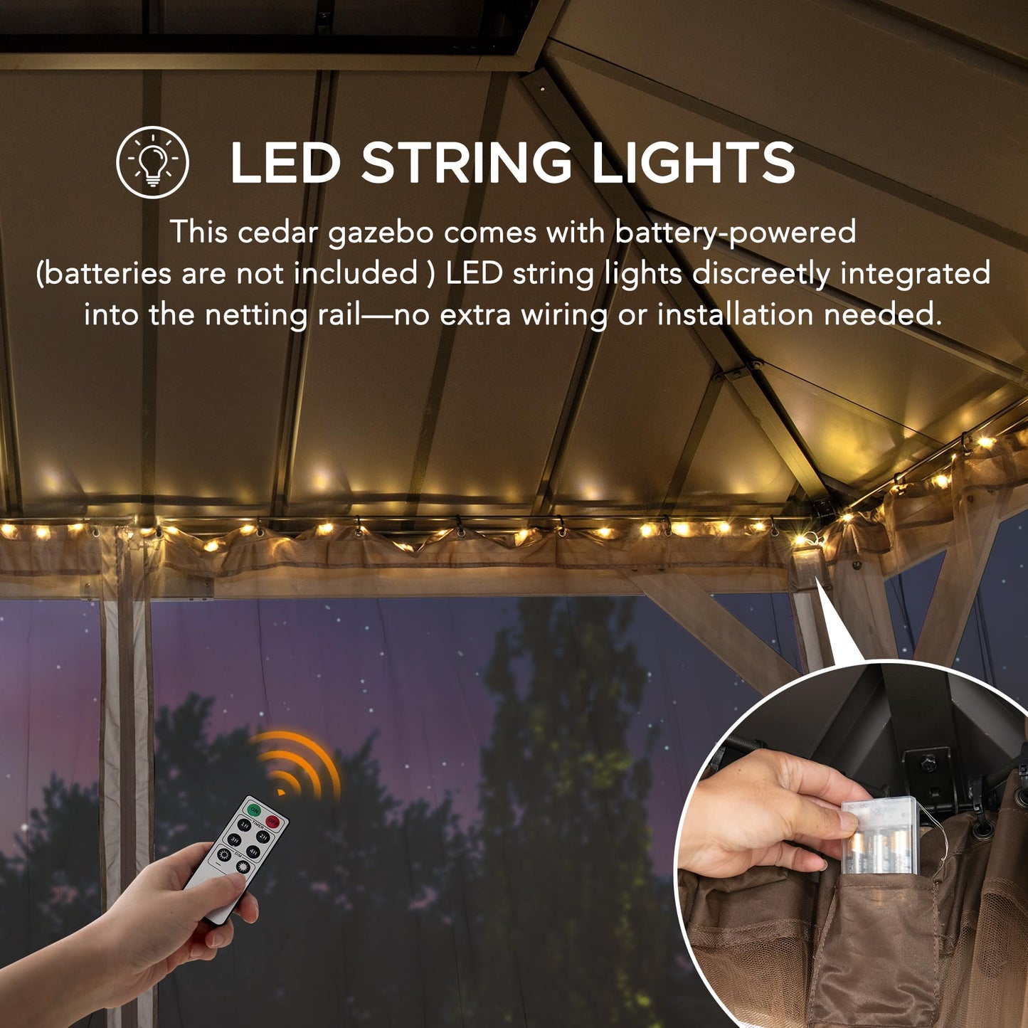 SUNJOY 10x12 Hardtop Wood Gazebo with Galvanized Steel Roof, LED String Lights & Mosquito Netting, Outdoor Permanent Pavilion Cedar Gazebo for Backyard, Garden, Patio, Deck, Lawn - Matte Black Roof
