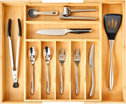 Umilife Bamboo Wood Silverware Organizer - Large Expandable Utensils Drawer Divider, 2.5" Adjustable Height
