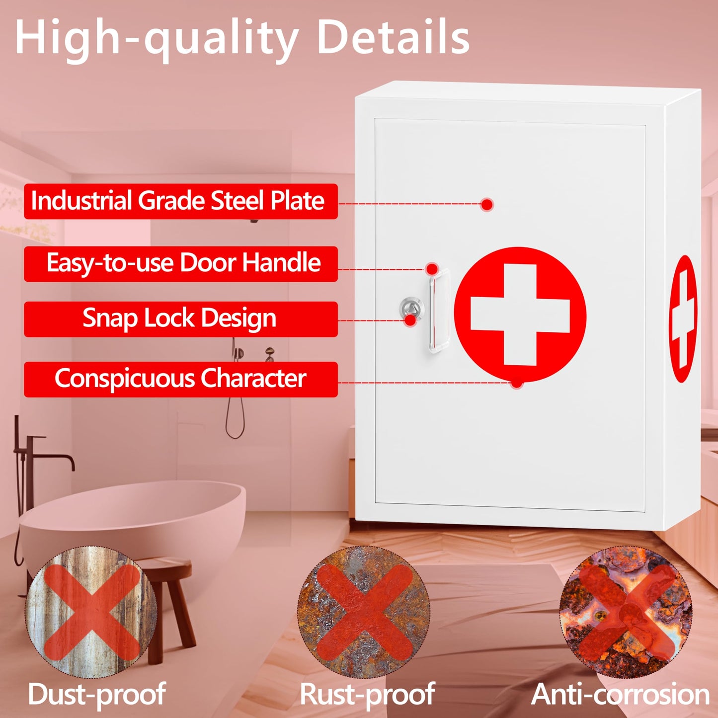 Wensha Locking Medicine Cabinet for Bathroom: Wall Mount Medical Box for Medication Storage - Large Capacity First Aid Wall Cabinet for Home, School, Office (White)