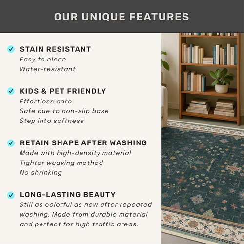 Dark Green Kitchen Rug - Modern Vintage Boho Floral Design | Washable Non-Slip 2x5 Runner for Entryway