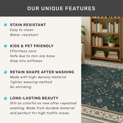 Dark Green Kitchen Rug - Modern Vintage Boho Floral Design | Washable Non-Slip 2x5 Runner for Entryway