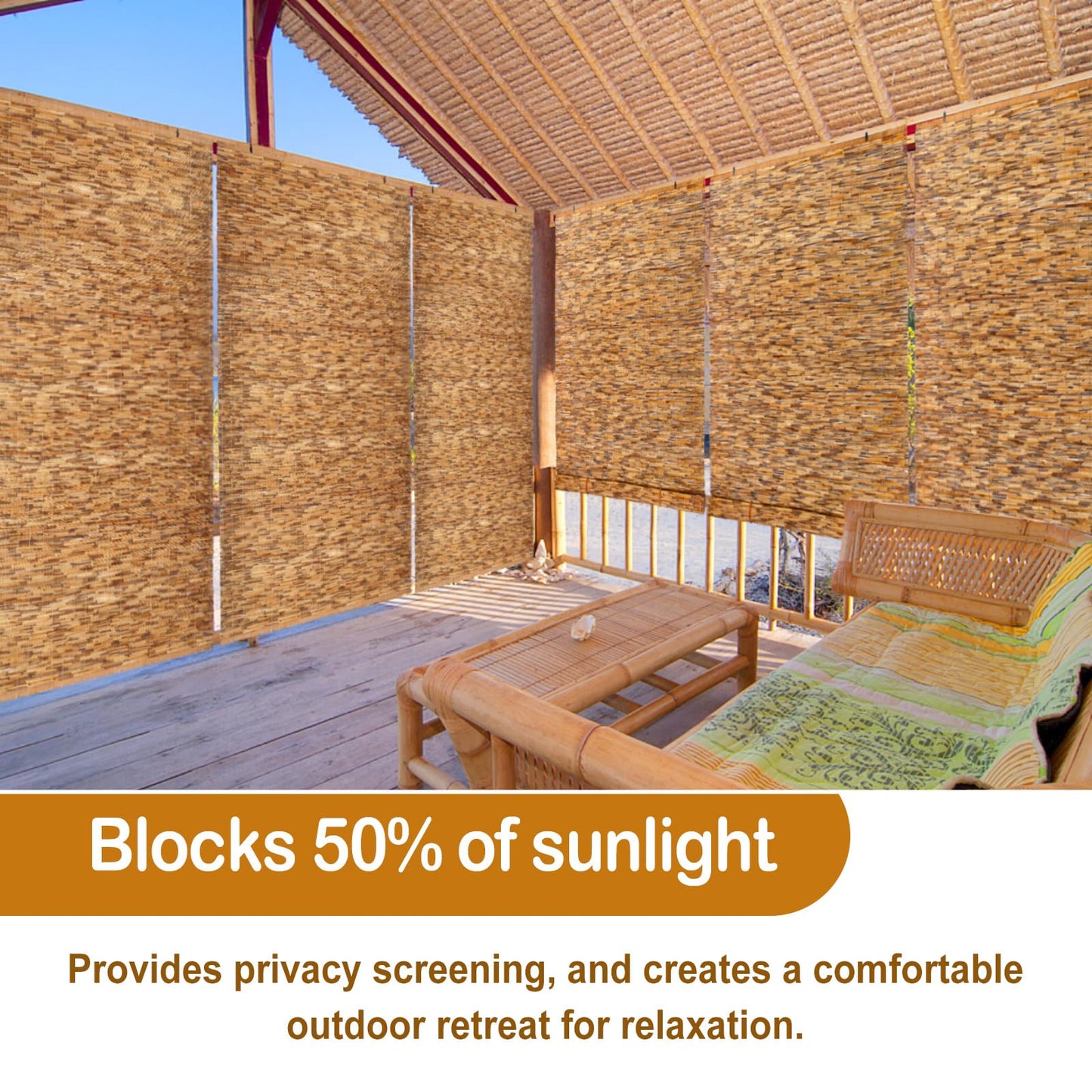 DoubleFill 3 Pcs Bamboo Shades Outdoor Reed Roll Up Blinds 48" W x 72" H Blackout Sunshade Cordless Bamboo Blinds for Home Porch, Patio & Windows Decor Shutters Sunlight Privacy Screen(Carbon Brown)