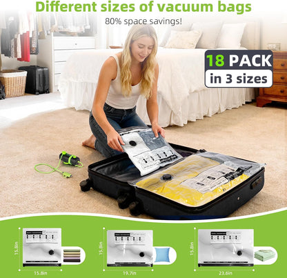 Vacuum Bags for Travel | Skiennix USB Electric Pump - 18 Pack Carry-On Size Space Saver Bags
