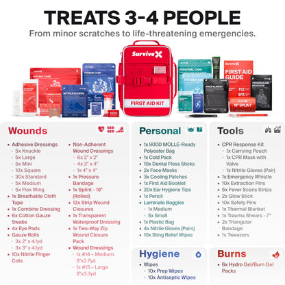 SurviveX Large First Aid Kit for Car, Travel & Home - Emergency Kit for Hiking, Camping, Backpacking and Outdoors - Includes Zip Stitch Wound Closure Strips