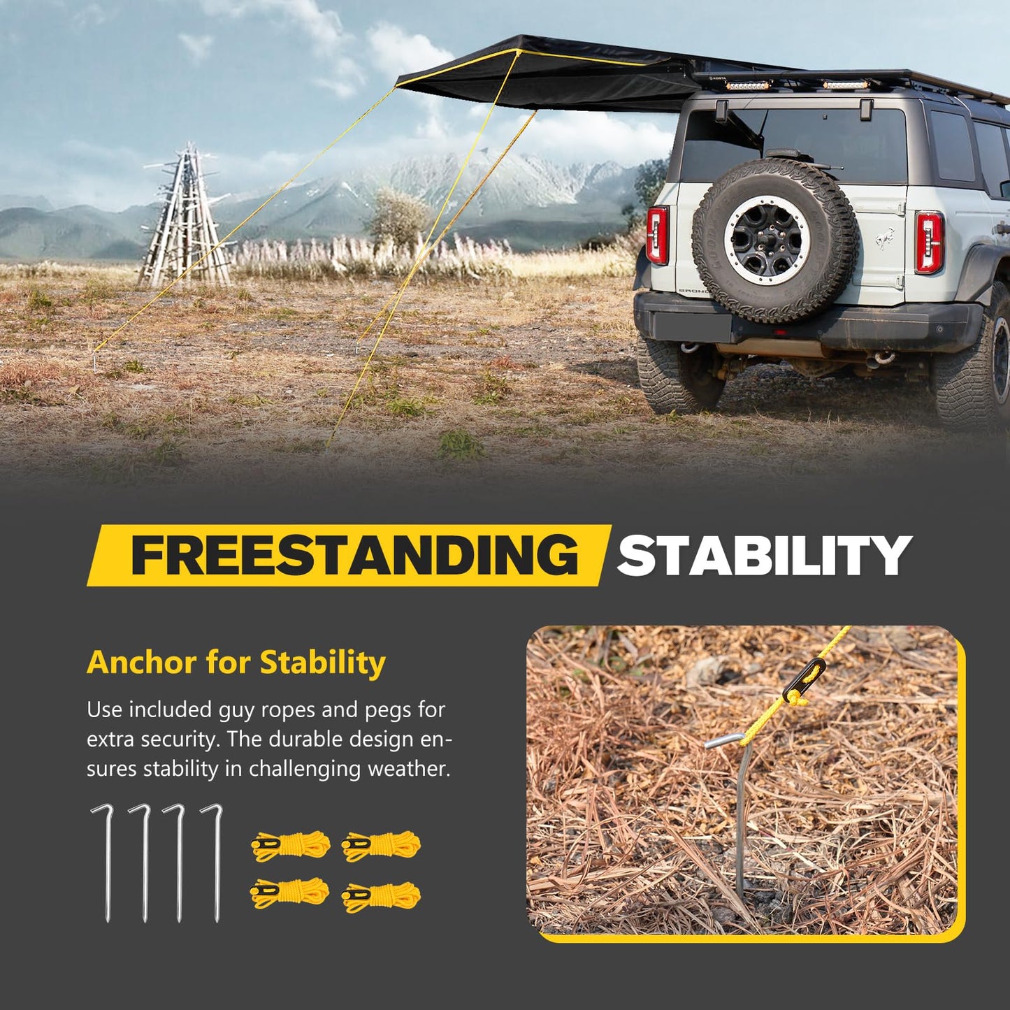BUNKER INDUST 180 Degree Awning Free Standing, Vehicle Overland Awning Built-in LED Light - Three Colors, Car Driver Passenger Side, Waterproof Wind Resistant for SUV Van Truck Camper