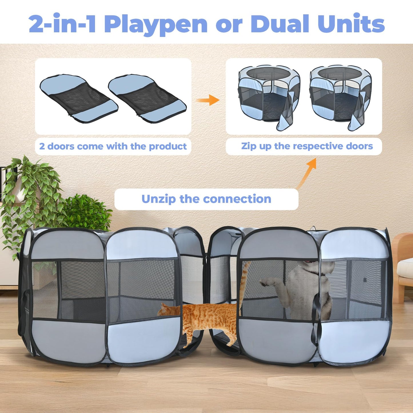 2-in-1 Cat Playpens, Detachable into 2 Separate Playpens with Additional 2 Doors, Portable Dog Playpen Cat Tent Enclosure for Kitten and Puppy Indoor Outdoor Use(M)