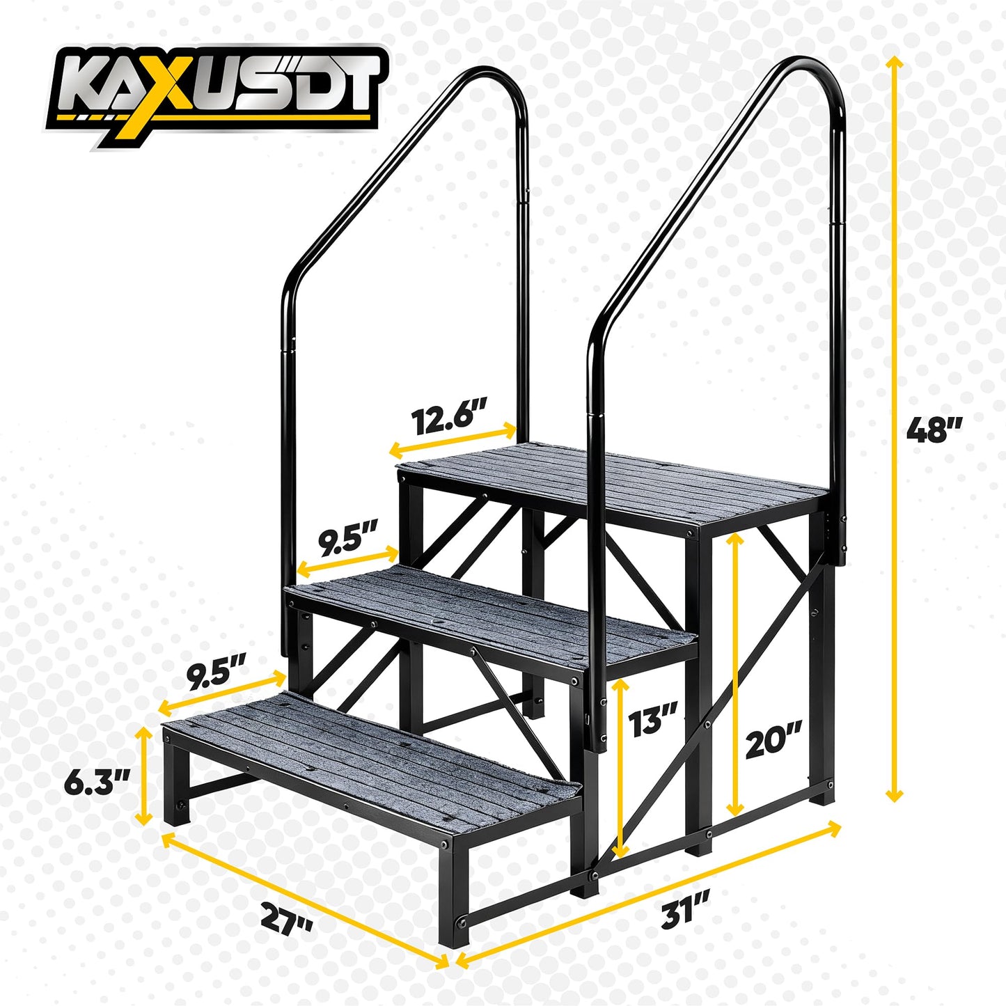 3 Steps Hot Tub RV Steps with Dual Handrail, 𝟐𝟎𝟐𝟔 𝐔𝐩𝐠𝐫𝐚𝐝𝐞𝐝 Portable Mobile Home Stairs Steps with Reinforced Crossbeams on Both Sides, 660lbs, Outdoor RV Camper Entry Steps w/Non-Slip Mats