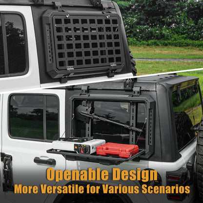Z8 Rear Window Molle Storage Panel with Fold-Down Table, Tactical Organizer Compatible with 2018–2025 Jeep Wrangler JL & JLU 4-Door Hardtop, Heavy-Duty Aluminum Cargo Rack for Camping & Off-Road Gear
