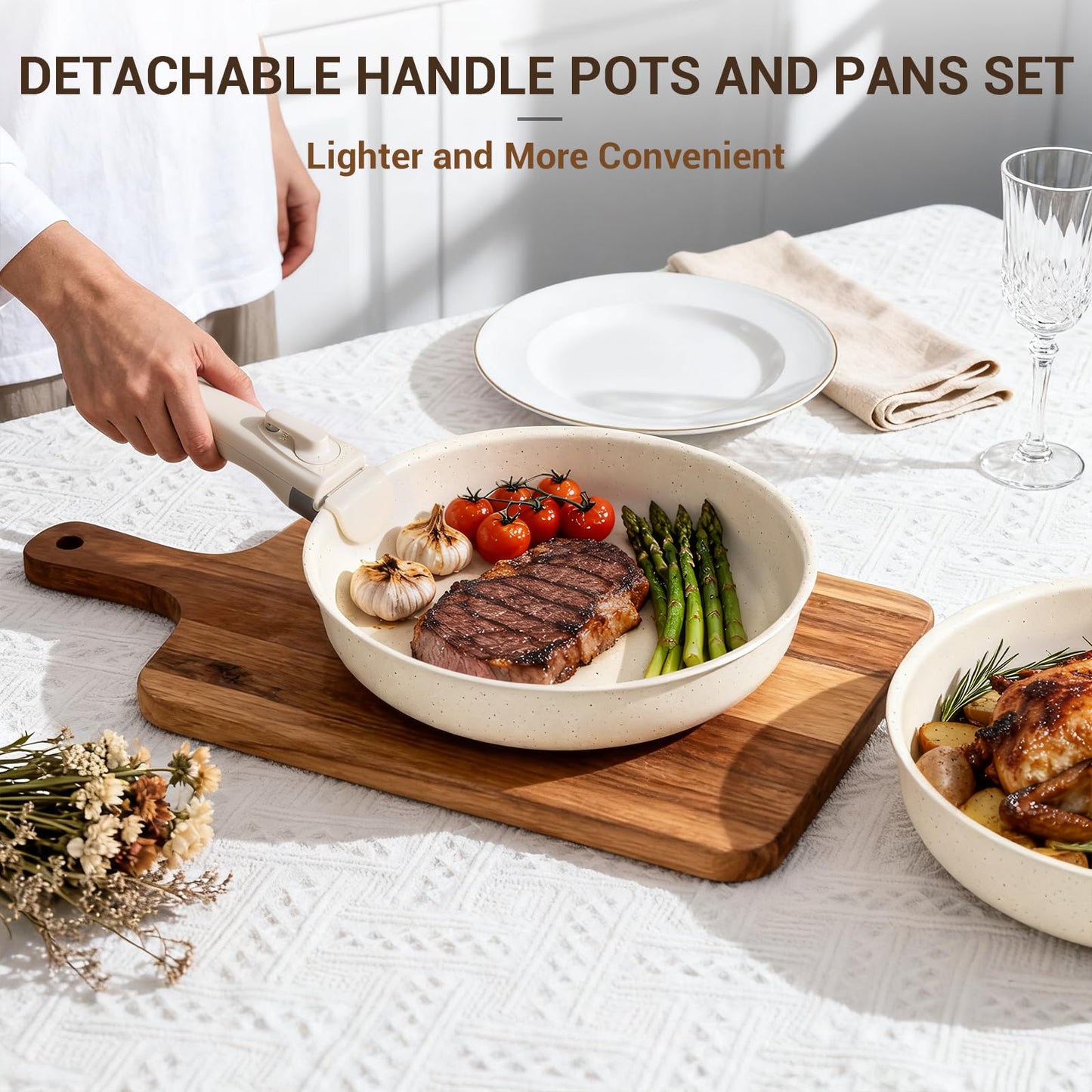 Ammeloo 24-Piece Ceramic Pots and Pans Set Non Stick, Ceramic Cookware Set with Removable Handles, Space Saving, Induction & Oven & Dishwasher Safe, For Small Kitchen, Apartment, RV, Cream White