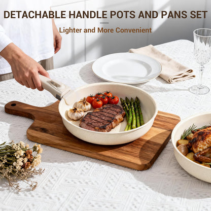 Ammeloo 24-Piece Ceramic Pots and Pans Set Non Stick, Ceramic Cookware Set with Removable Handles, Space Saving, Induction & Oven & Dishwasher Safe, For Small Kitchen, Apartment, RV, Cream White