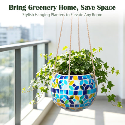 Chonsun Ceramic Hanging Planter Mosaic Hanging Flower Pot Small Plant Pot for Indoor Plant Garden Decor Disco Ball Planter with Drainage Square Blue