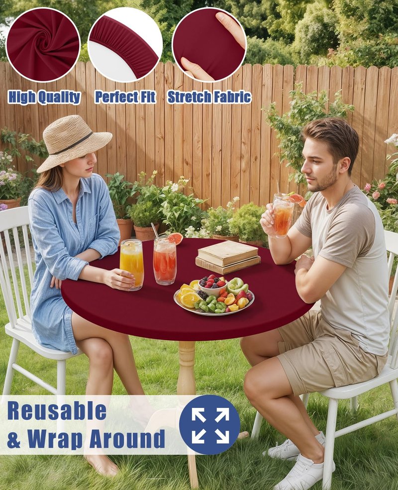 Moosfor Round Spandex Tablecloth, Elastic Fitted Waterproof Tablecloths for 57"-68" Tables, Stretch Washable Picnic Table Cover for Camping, Dining, Indoor and Outdoor, Wine Red