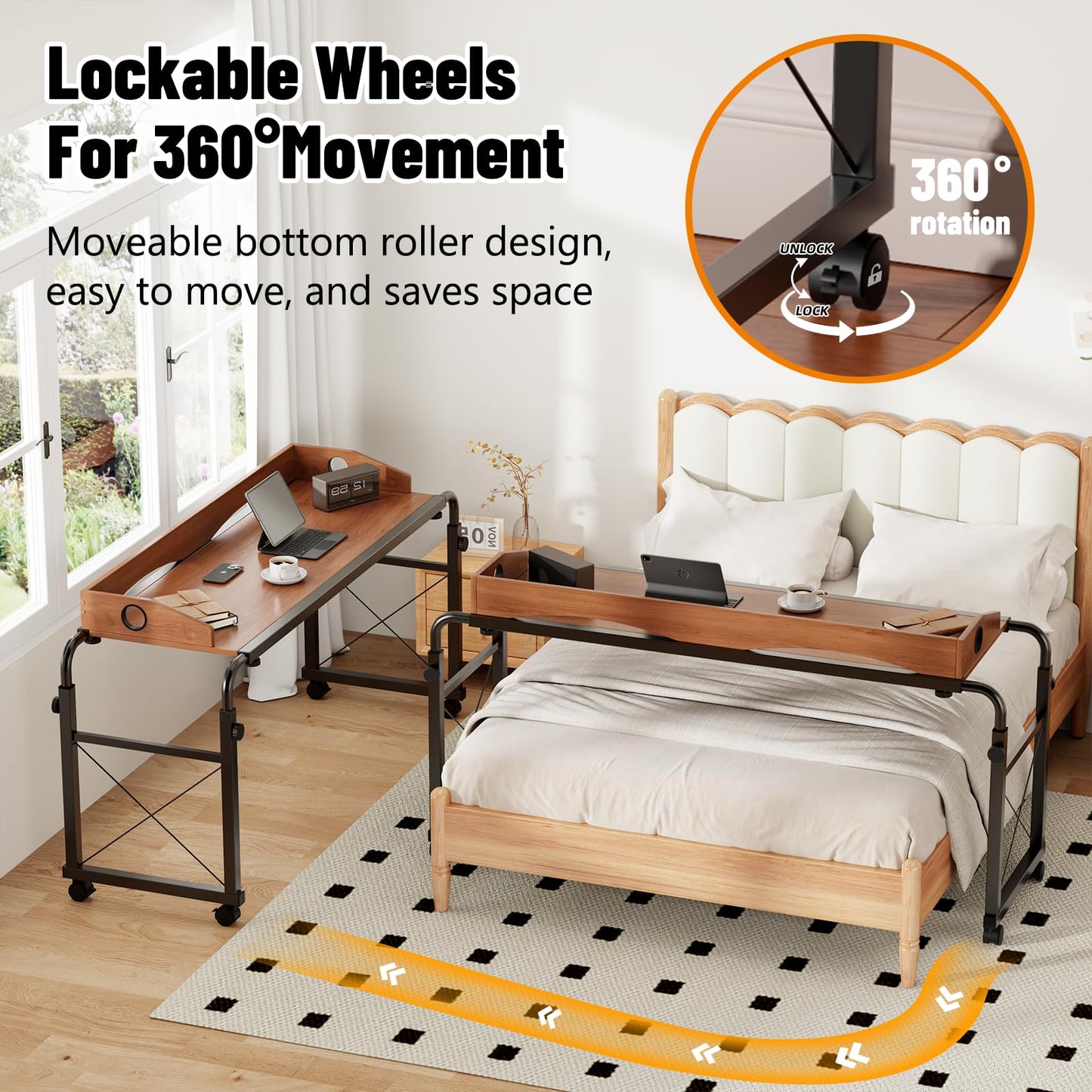 BYMECOST Laptop Desk for Bed, Adjustable Height & Length Laptop Bed Table,Overbed Table with Wheels for Queen Size Beds,Rolling Standing Desk,Over Bed Table for Working Reading Eating