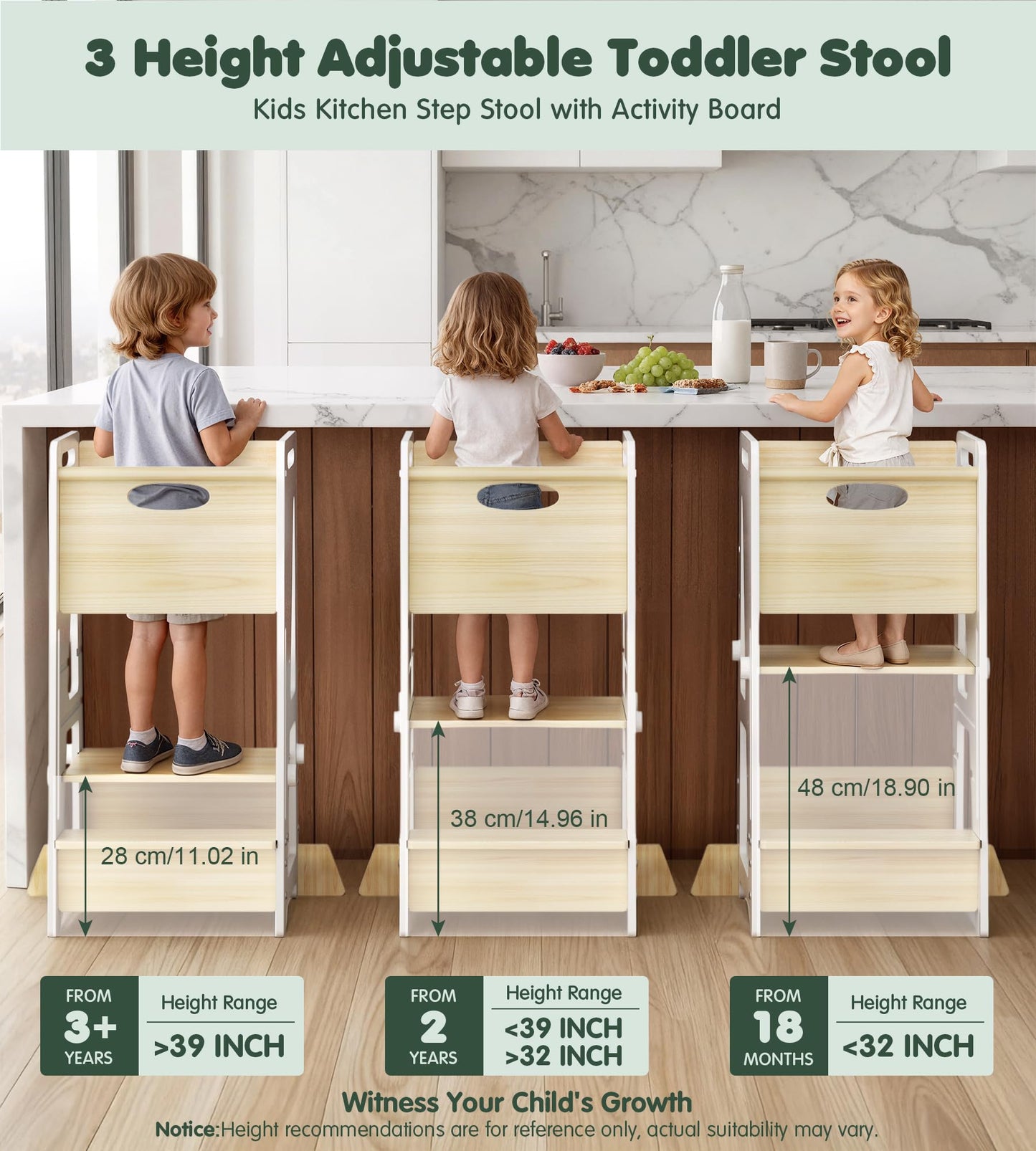Toddler Standing Stool with Sliding Door, 3-Height Adjustable Kitchen Step Stool for Kids, Sturdy Wooden Learning Tower with Non-Slip Feet, Ages 18 Months–6 Years, White