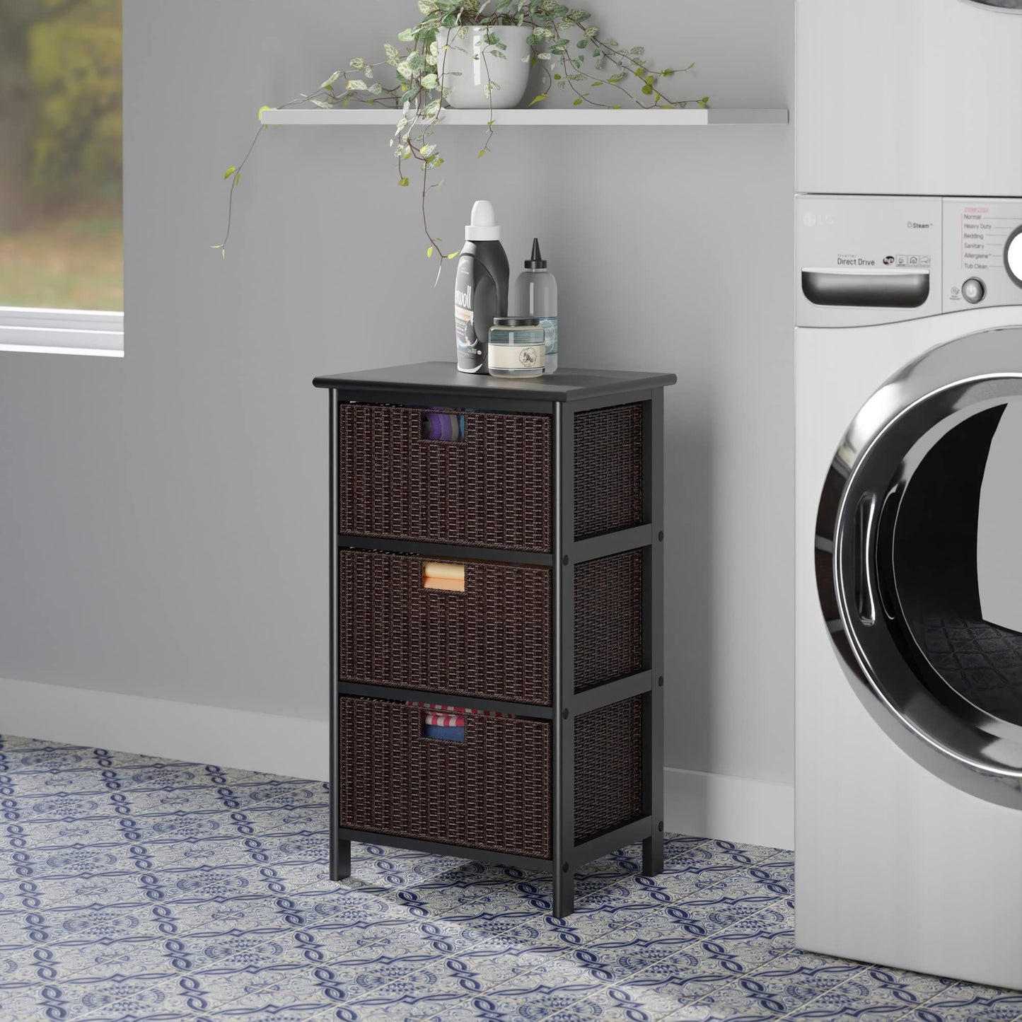 Winsome Omaha Home Storage Rack with 3 Baskets, Stackable Storage Bins for Home Organizing, Functional Furniture for Bedroom, Living Room, Office, Entryway