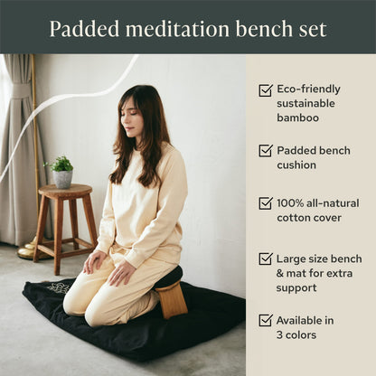 Mindful Modern Bamboo Bench and Zabuton Meditation Mat Bundle - Small Kneeling Meditation Bench with Locking Magnetic Hinges - Wooden Kneeling Ergonomic Bamboo Seiza and Mat for Meditation