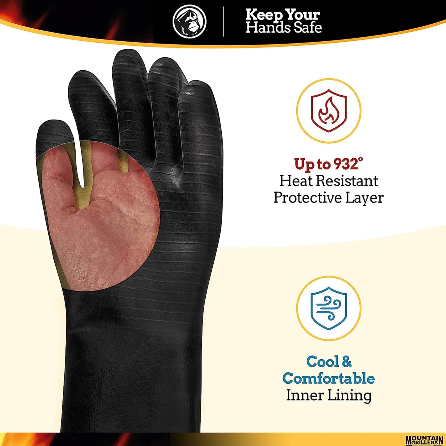 Mountain Grillers Extreme Heat Resistant Gloves for Grill BBQ High Temperature Fire Pit Gloves Barbecue Cooking, Smoker, Oven, Fryer, Grilling Waterproof, Fireproof Oil Resistant Neoprene Coating 14in