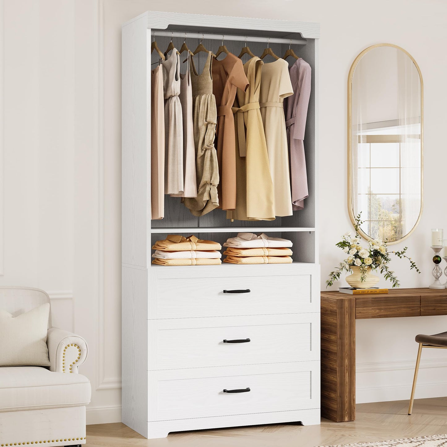 IRONCK Freestanding Closet System with 3 Wood Drawers, Modern Armoire Wardrobe with Adjustable Shelves & Hanging Rod, Walk-in Closet Systems Organizer for Small Closet, 31.5" White