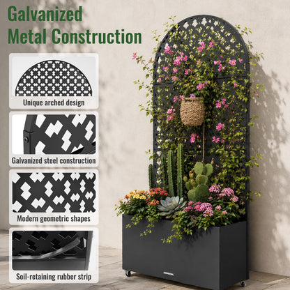 Metal Planter Box with Trellis and Wheels, 72.8 * 35.4 * 11.8IN Raised Garden Bed with Drainage Holes and Soil-Retention Mesh, Outdoor Privacy Screen Planter for Patio, Balcony, Deck and Garden