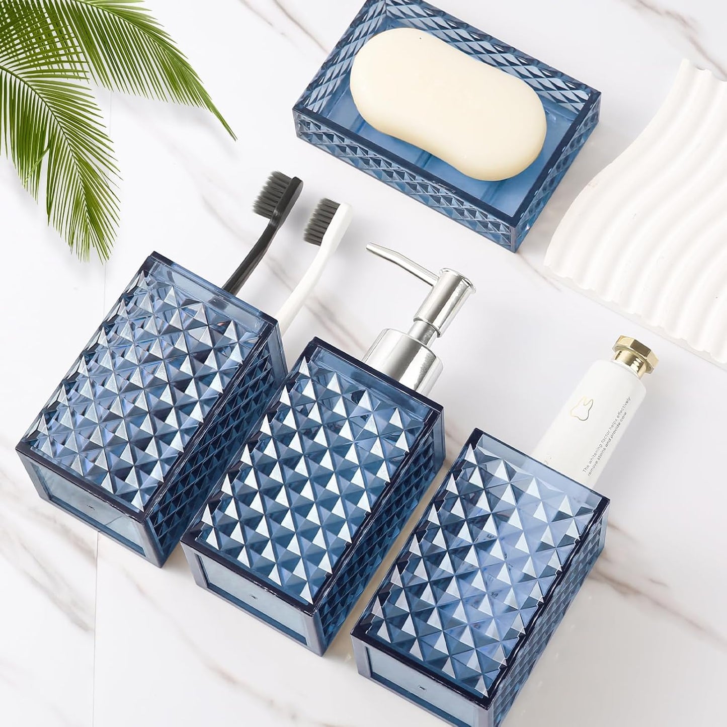 RYTOXILO Bathroom Accessories Set - 4 Pack Blue Acrylic Bath Essentials | Diamond Soap Dispenser & Toothbrush Holder