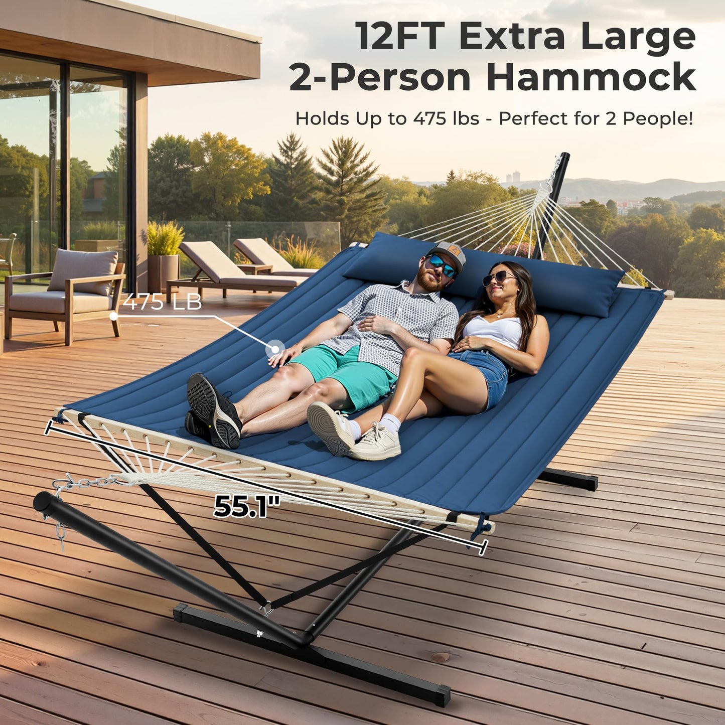 SUPERJARE 12ft Double Hammock with Stand, Rope Hammock for 2 Person, Detachable Hammock Bed and Pillow, Portable, Anti-Tip Safety Ropes, Carry Bag, Outdoor Backyard Patio Camping, Navy Blue