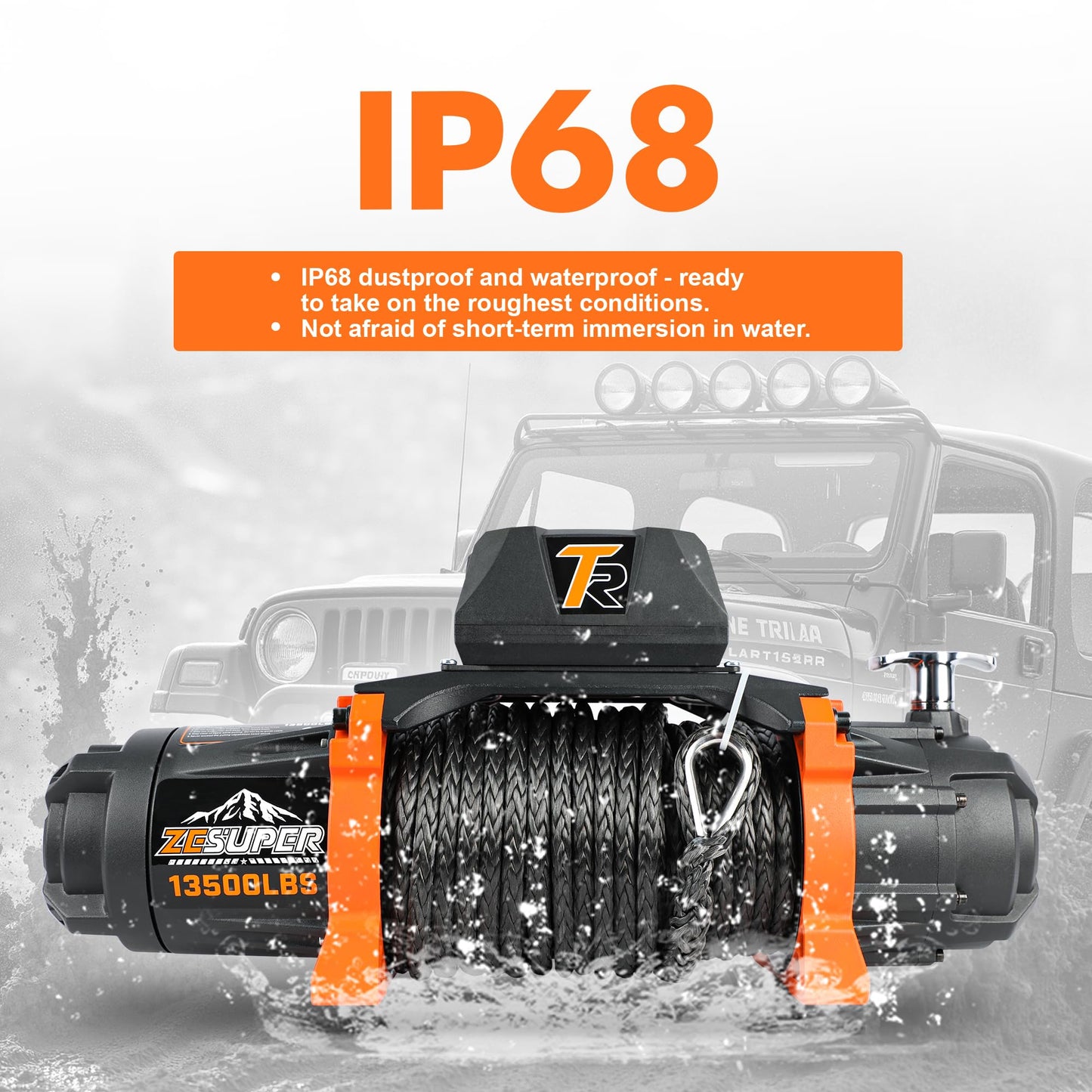 ZESUPER 13500 lb Load Capacity 12V Electric Winch 100ft Synthetic Rope Hook Winch Kit for Jeeps Trailer Truck SUV Waterproof IP68 Winches with Hawse Fairlead and 2 in 1 Wired&Wireless Handle Remote
