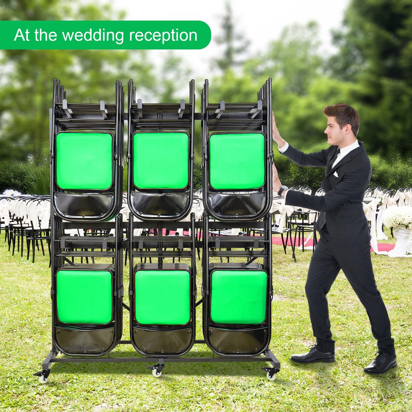 Gliretiky Folding Chair Cart Storage Rack Thickened Two Tier Heavy Duty Folding Table Chair Racks for Storage with Locking Rubber Wheels can Withstand 800LBS Capacity