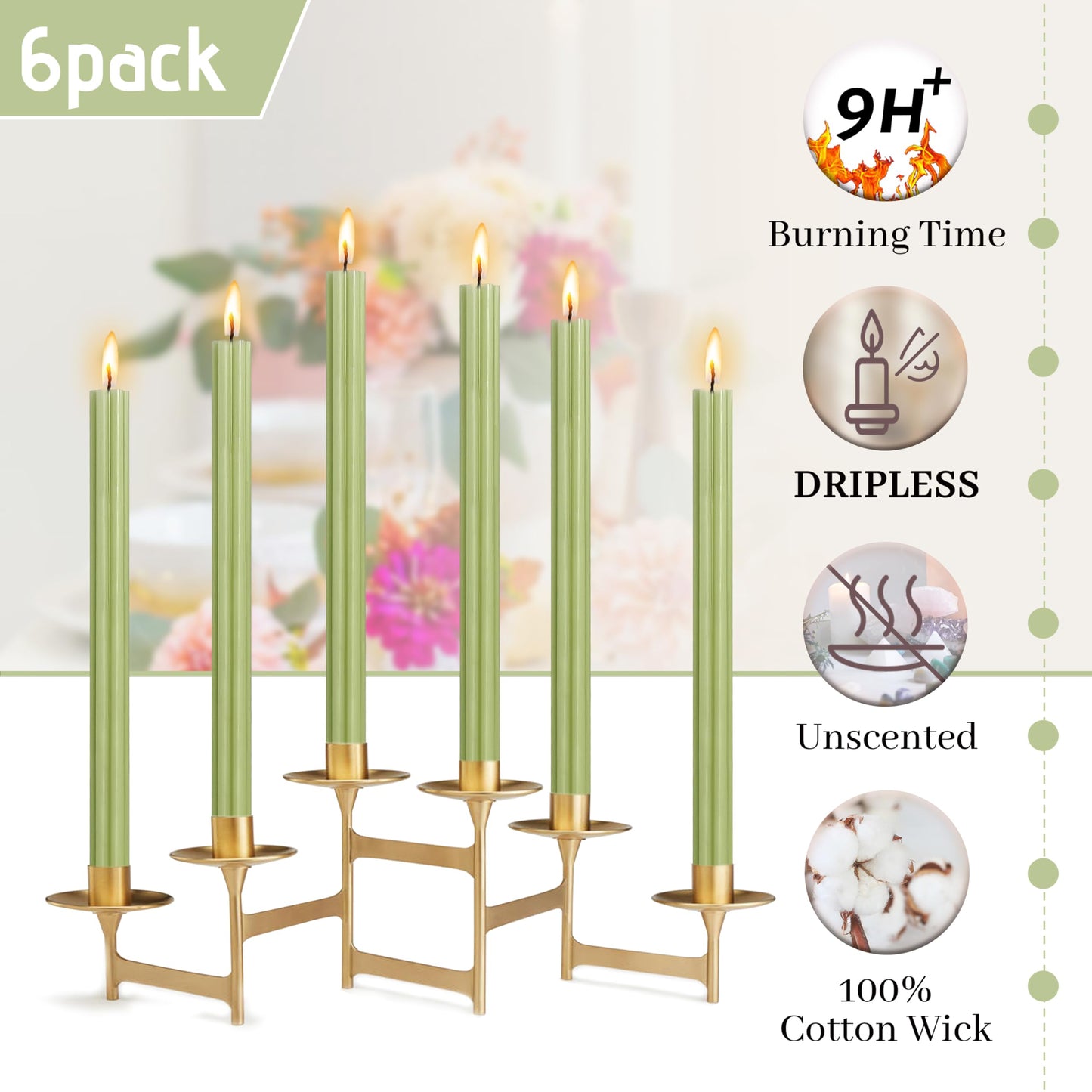 Long Taper Candles Grass Green Unscented Tall Candle 10 Inch Smokeless Ribbed Candlesticks Creative Handmade Candle Sticks for Holiday Weddings Home Decor 6 Pcs
