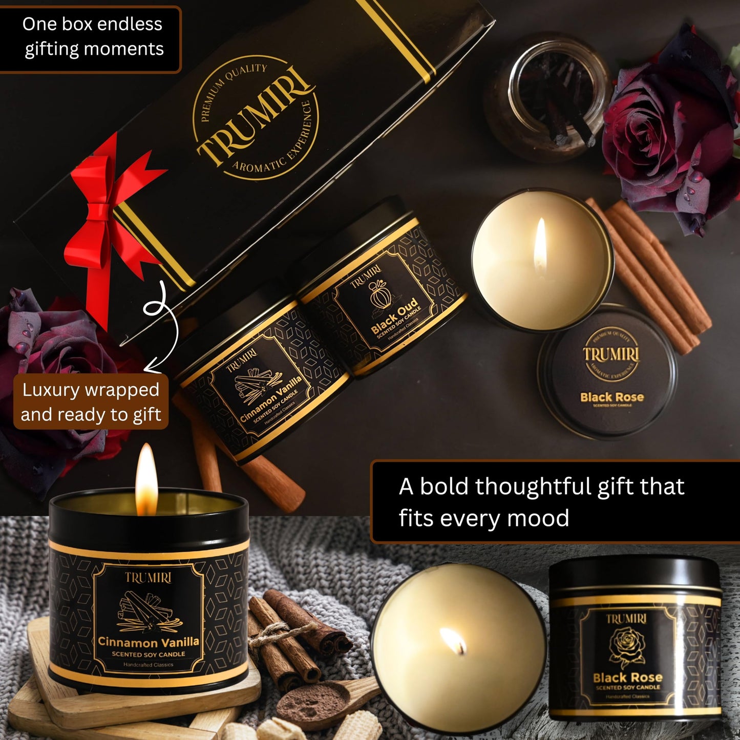Candle Gift Set of 3 Black Oud|Cinnamon Vanilla|Black Rose Strong Scented Soy Candels Clean Non Toxic Velas Aromáticas Favors for Women Coworkers Friends Guests Also for Diwali Christmas Holidays