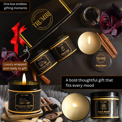 Candle Gift Set of 3 Black Oud|Cinnamon Vanilla|Black Rose Strong Scented Soy Candels Clean Non Toxic Velas Aromáticas Favors for Women Coworkers Friends Guests Also for Diwali Christmas Holidays
