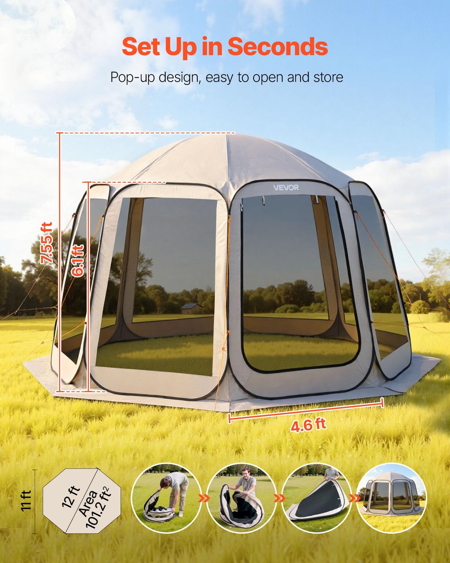 VEVOR Pop up Screen House Tent, 12 x 11 ft, 10-12 Person Screen Gazebo, Portable Screened in Canopy with Carry Bag, Netting Sides, Ground Stakes, for Garden, Patio, Backyard, Outdoor Activities, Beige