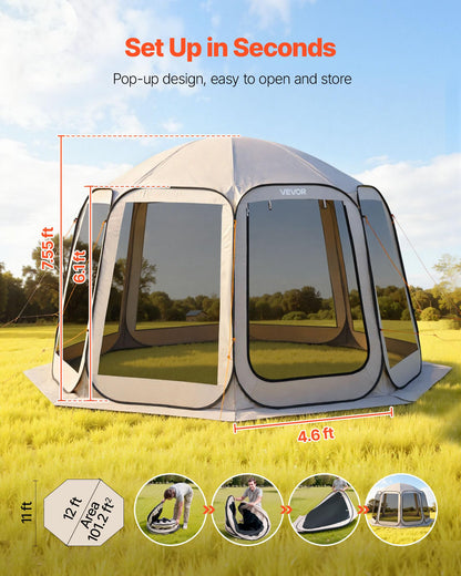 VEVOR Pop up Screen House Tent, 12 x 11 ft, 10-12 Person Screen Gazebo, Portable Screened in Canopy with Carry Bag, Netting Sides, Ground Stakes, for Garden, Patio, Backyard, Outdoor Activities, Beige