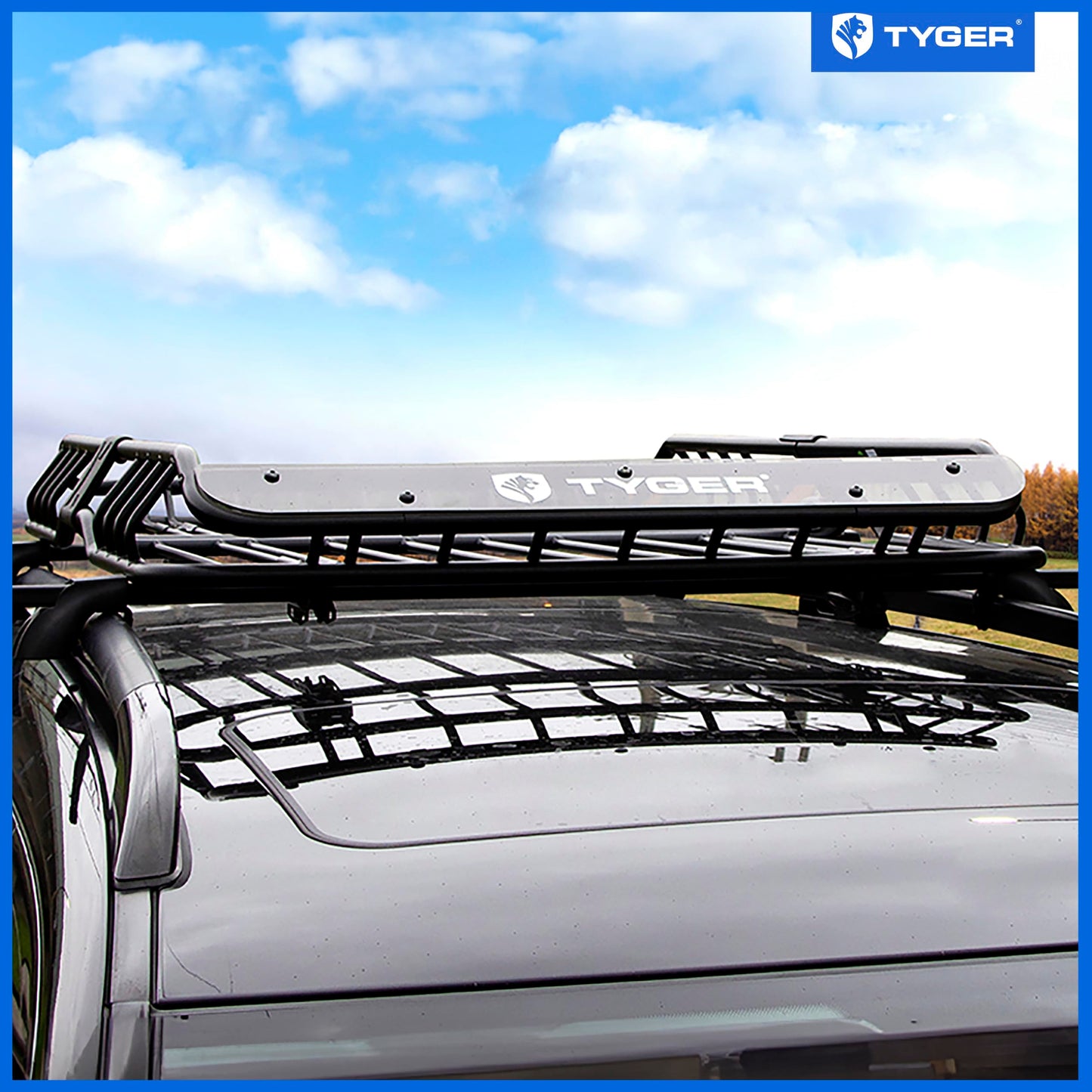 Tyger Auto TG-RK1B942B Heavy Duty Roof Mounted Cargo Basket Rack | L57.5 x W42 x H6 | Roof Top Luggage Carrier | with Wind Fairing, Black
