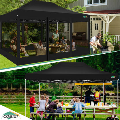 COBIZI 10x15 Canopy Tent with 4 Sidewalls,Heavy Duty Pop up Canopy with Mosquito Netting,Easy up Screen Tent for Parties Wedding Patio with Handbag,Black