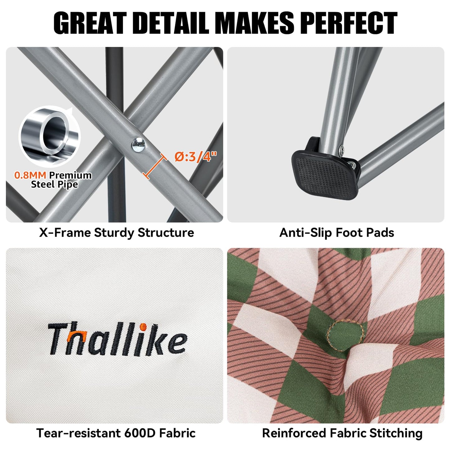 Thallike Double Camping Chair, Oversized 2 Person Camp Chairs with Cup Holders Side & Backrest Mesh Pockets Padded Loveseat Camping Chair Foldable for Outdoor Lawn Backyard Beach Support 800LB